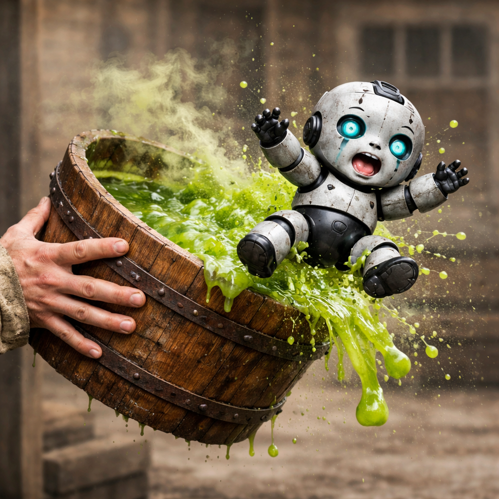 Illustration of a small robot popping out of a wooden bucket of bright green slime held by a human hand.