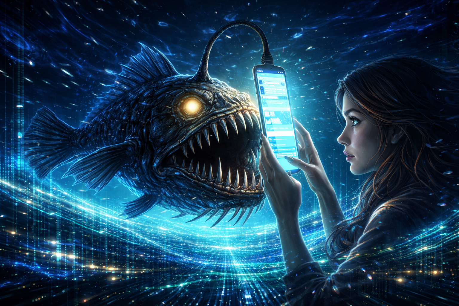 Illustration of a woman staring at a glowing smartphone face-to-face with a deep-sea anglerfish whose lure plugs into the phone.